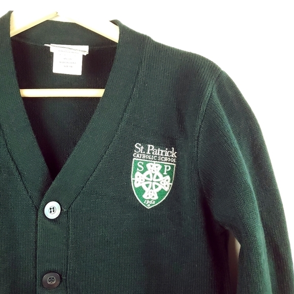 School Girl Cardigan St. Patrick Green Preppy XSP/ YM Dark Academia Vneck Patch - Picture 10 of 13